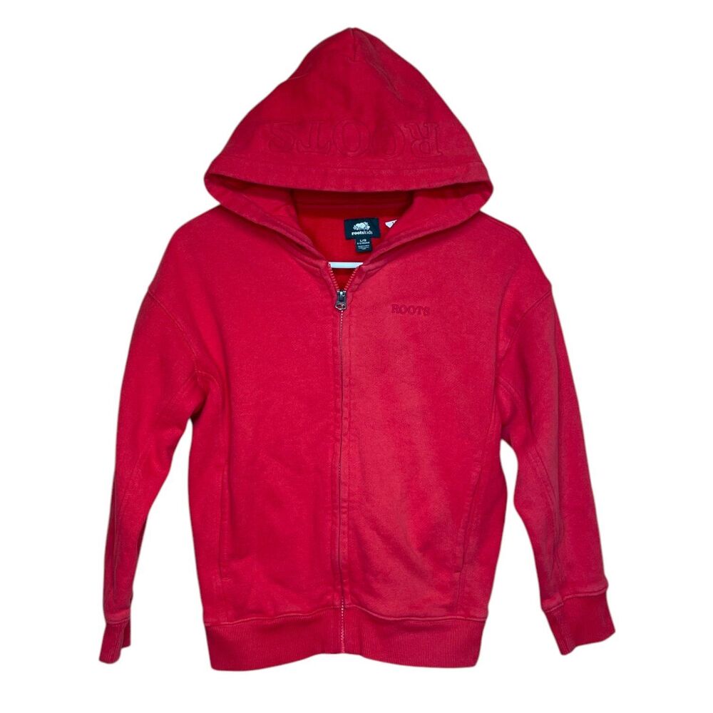 Roots Hoodie Zip Up Classic Solid Red Organic Cotton Polyester Unisex Size 10